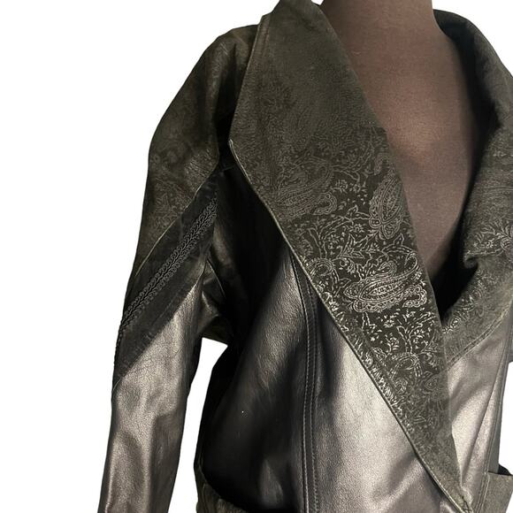 Vtg Leather Double Breasted Brocade Trim Drop Waist Oversized Midi Coat Women SP - Picture 3 of 10